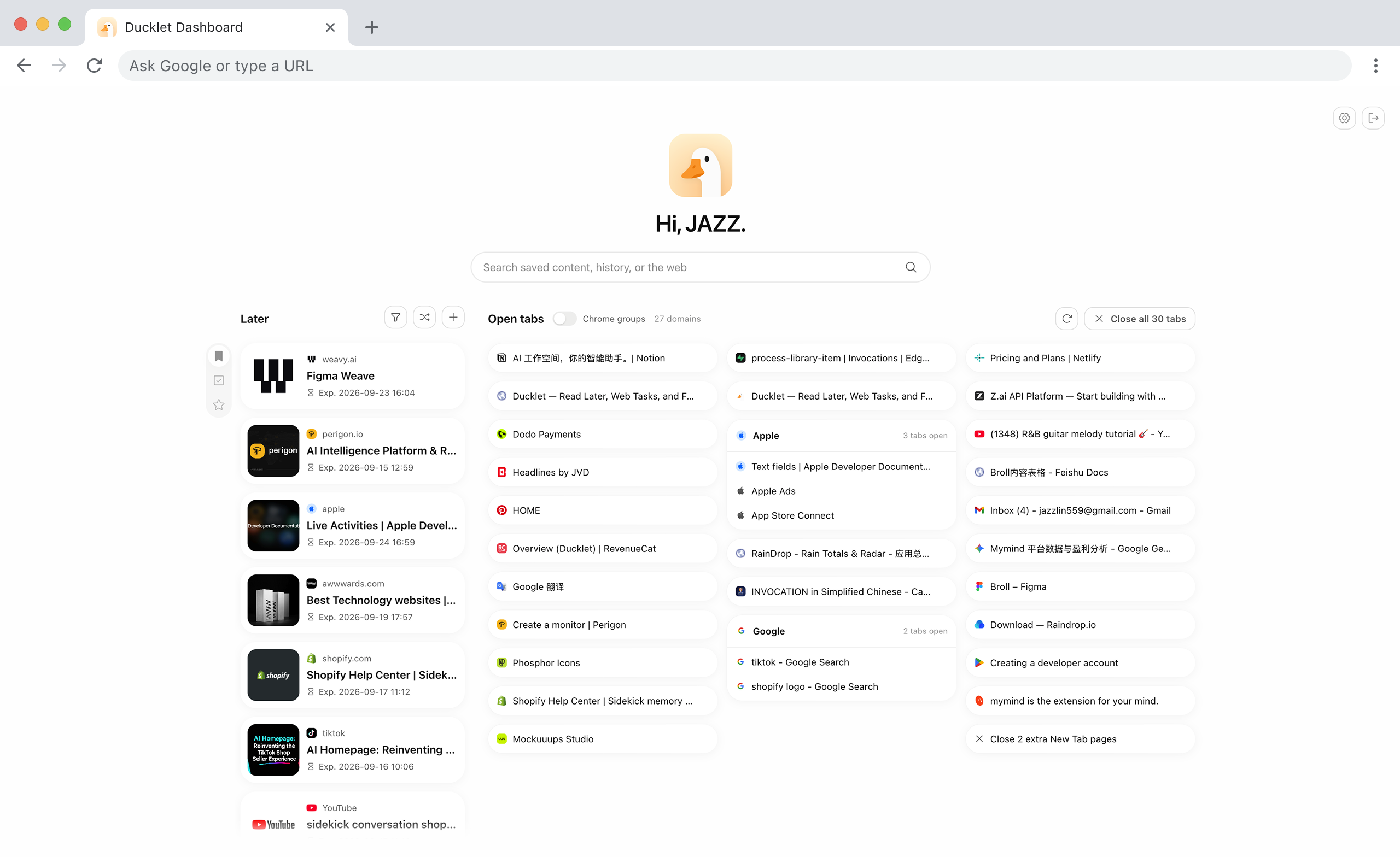 Ducklet workspace in a desktop browser, showing Read Later and grouped tabs